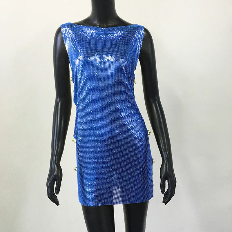Y2K Metallic Sequins Mini Dress For Women Backless Clubwear