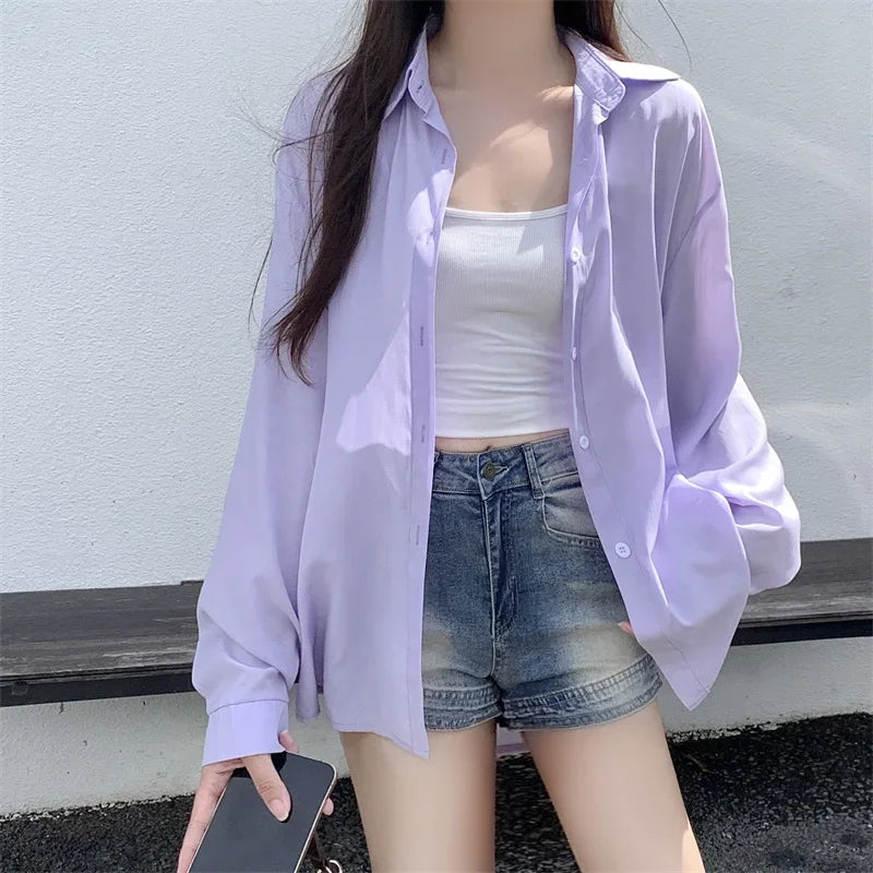 Silky Oversize Button Down Shirt for Women Long Sleeve Boyfriend Blouse Lightweight Summer Cover Up Casual Teen Girl Outfit