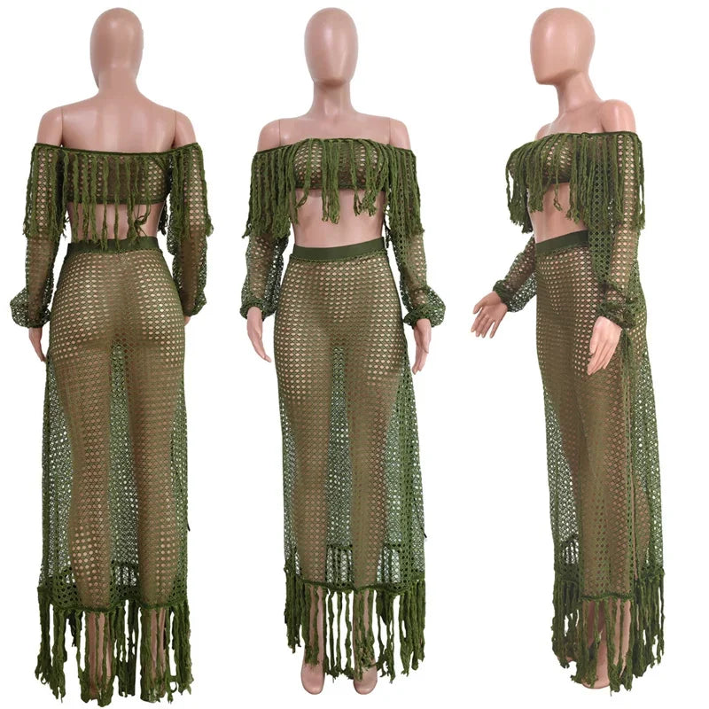 Fringed Tassel Two Piece Women's Beachwear Set Crochet Hollow Out See Through Crop Top and Long Skirt Vacation Outfit