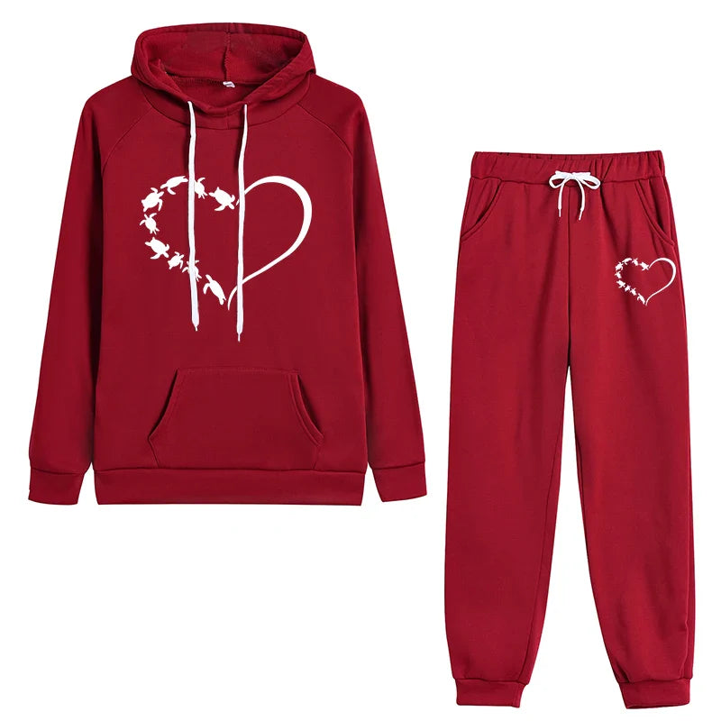 Women's Heart Printed Tracksuit Casual Hoodie and Jogging Pants Set for Daily Wear