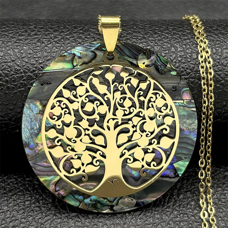 Tree of Life Abalone Shell Necklace Gold Color Stainless Steel Boho Jewelry for Weddings and Special Occasions