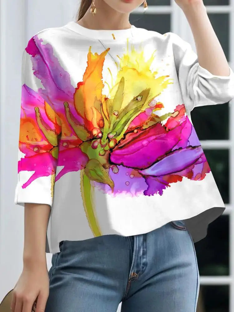Women Floral Printed Loose Fit T-Shirt with Three-Quarter Sleeves and Round Neck for Casual Summer Style