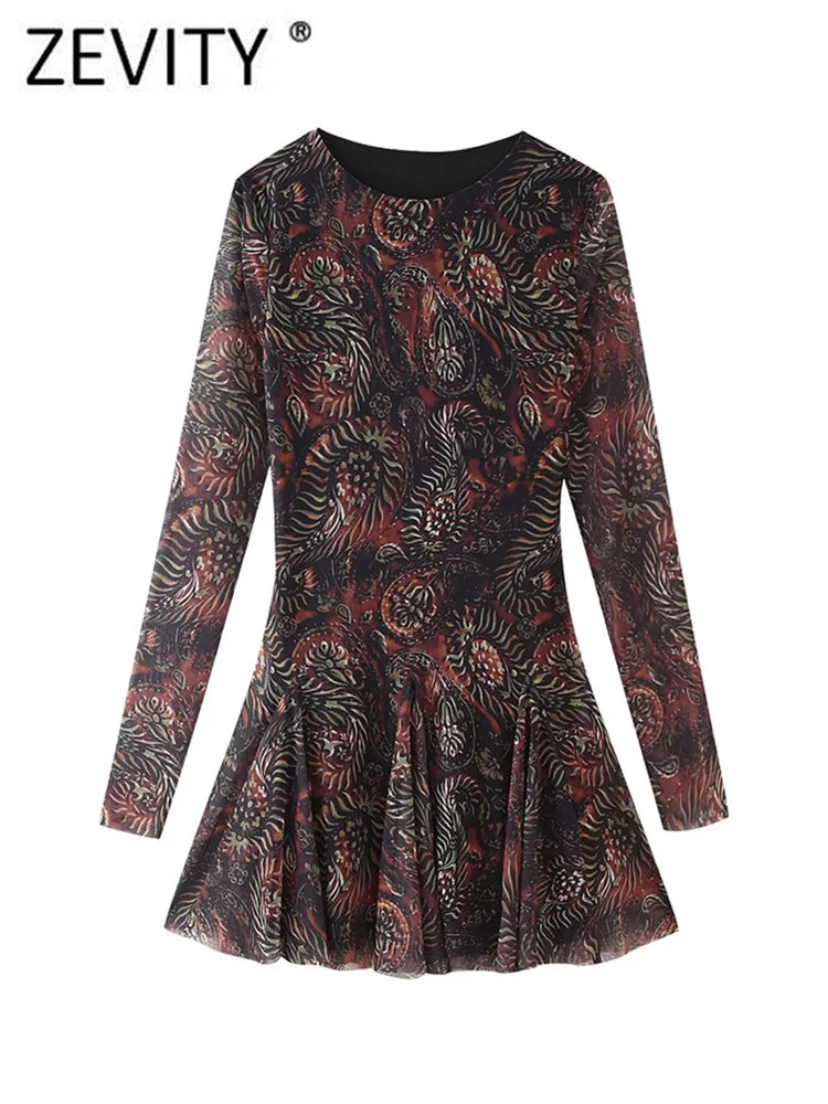 Paisley Floral Mesh Mini Dress With Long Sleeves Pleats