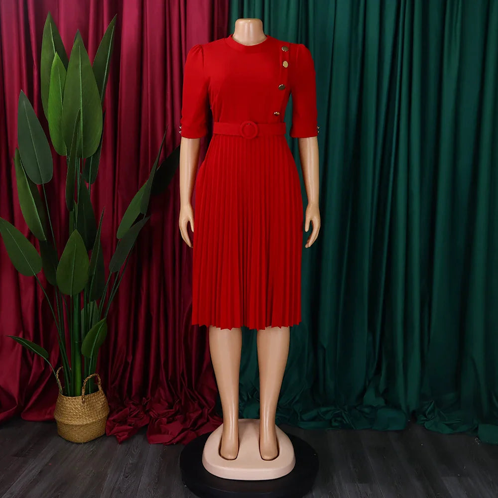 Elegant Pleated Dress for Women Formal Half Sleeve Belted