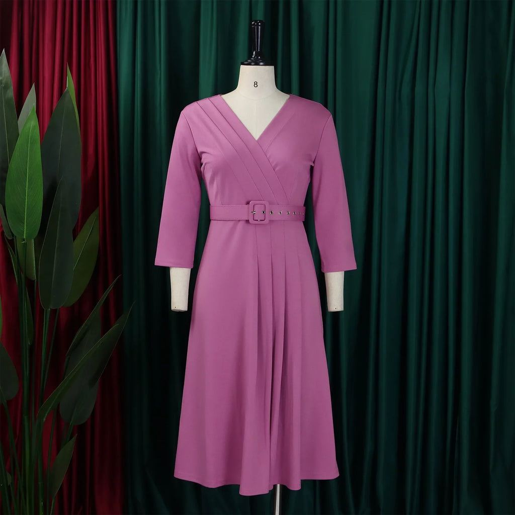 V Neck Office Dress For Women Belted Pleated Mid Calf