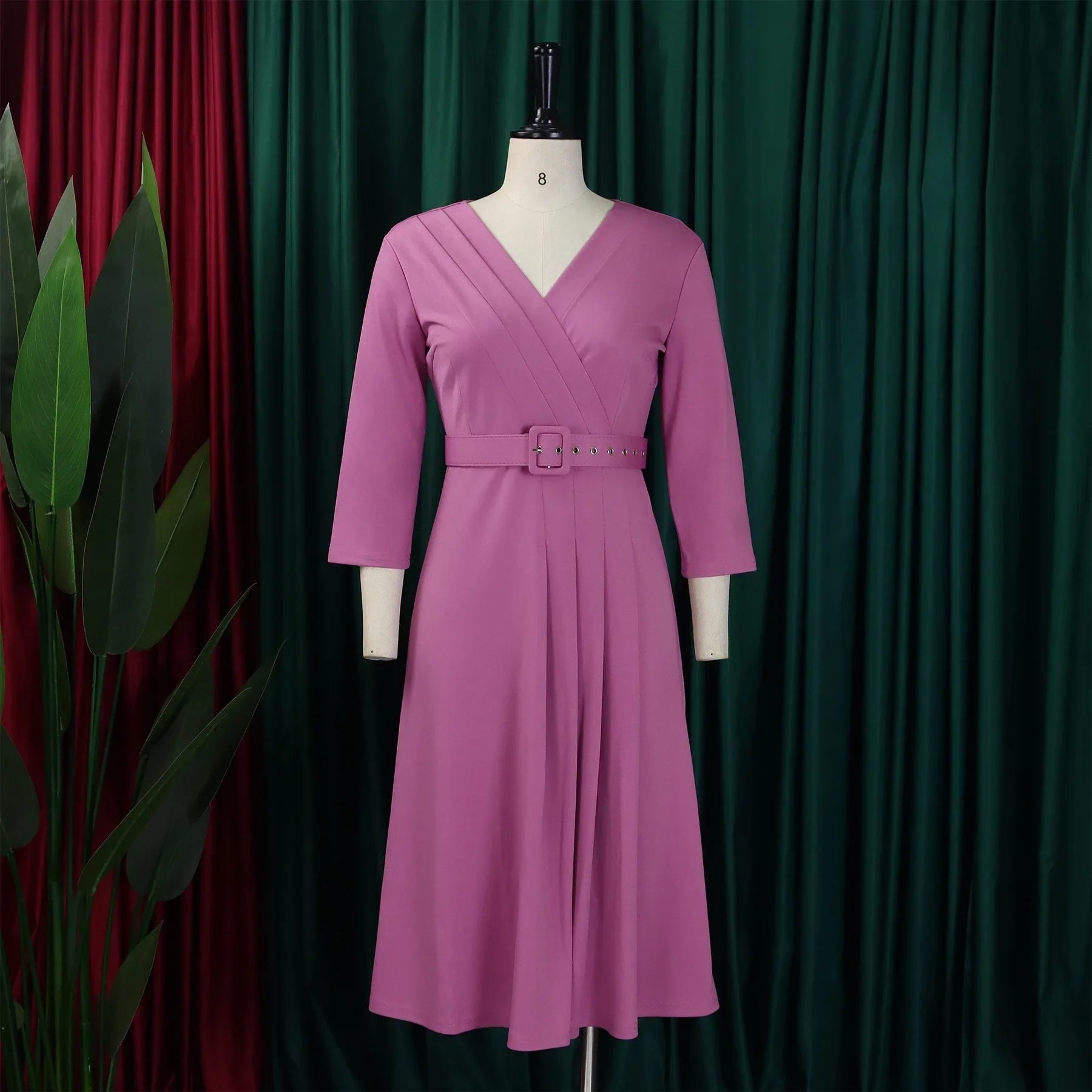 V Neck Office Dress For Women Belted Pleated Mid Calf
