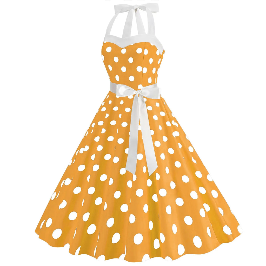 Retro Polka Dot Backless Dress With Lace Up Neckline Swing