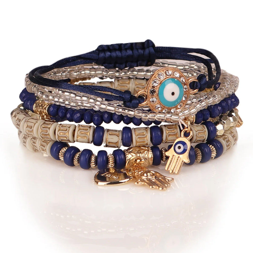 6 Pieces Bohemian Evil Eye Bracelet Set with Fatima Hand Heart Charm Beaded Rope Chain Bangles for Women