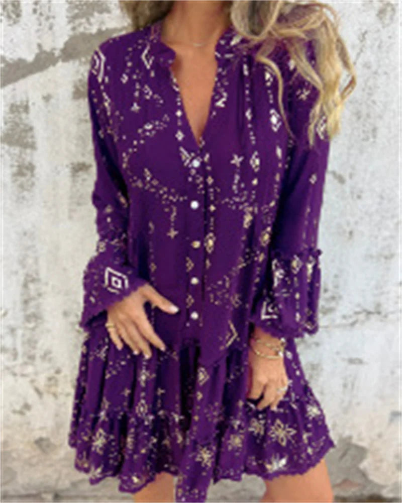 Gold Embossed Lace Sleeve Hollow Out Dress For Women