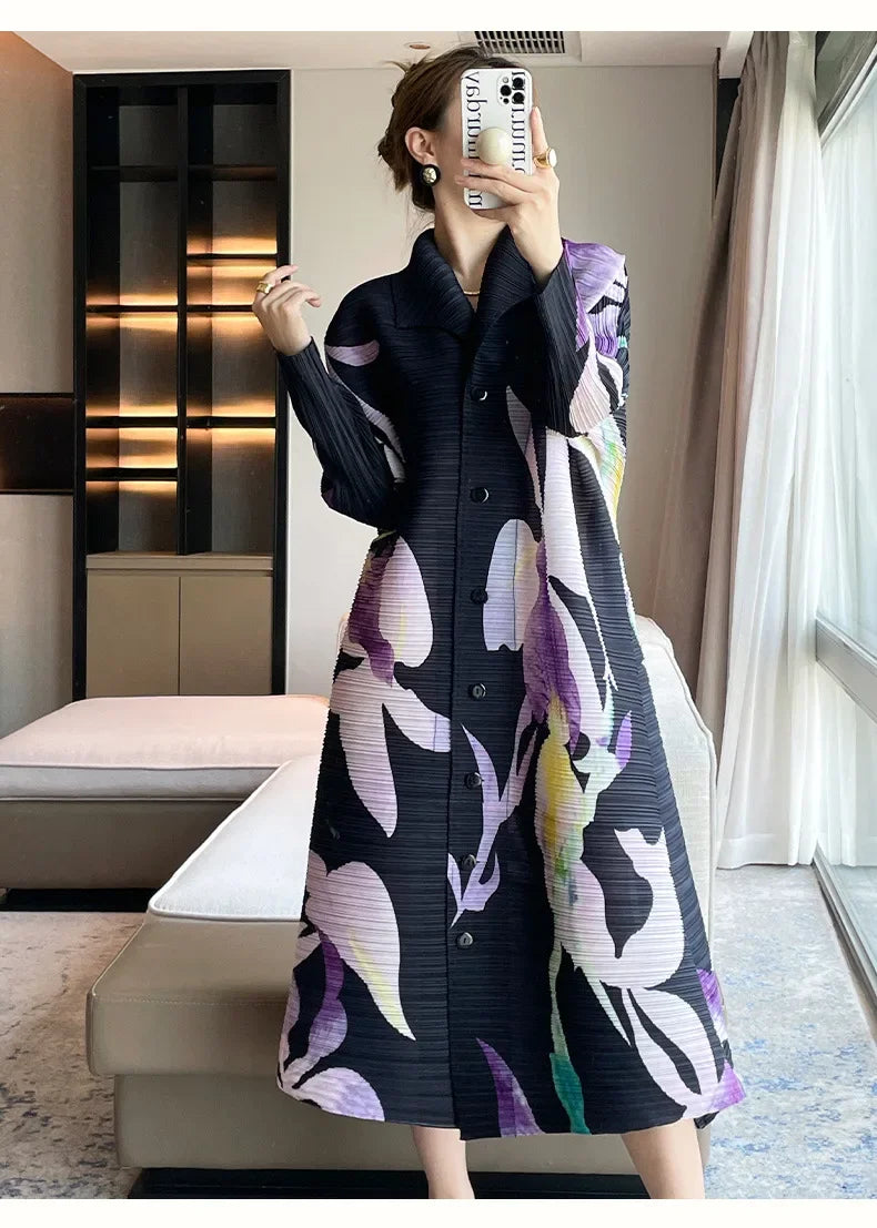 Printed Floral Midi Dress With Pleated Sleeves And Lapel