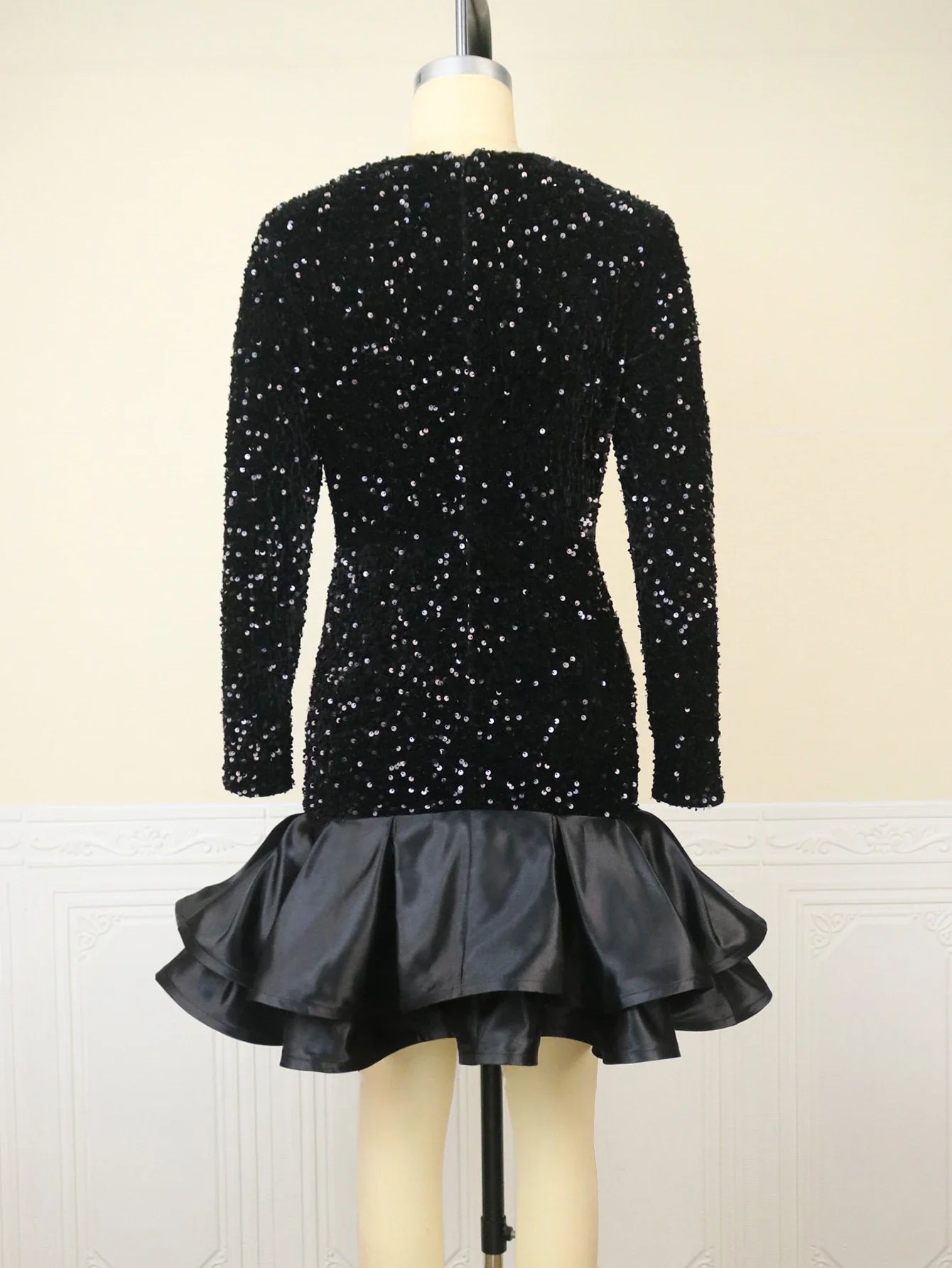 Black Velvet Sequin Dress Deep V Neck Patchwork Ruffle Gown