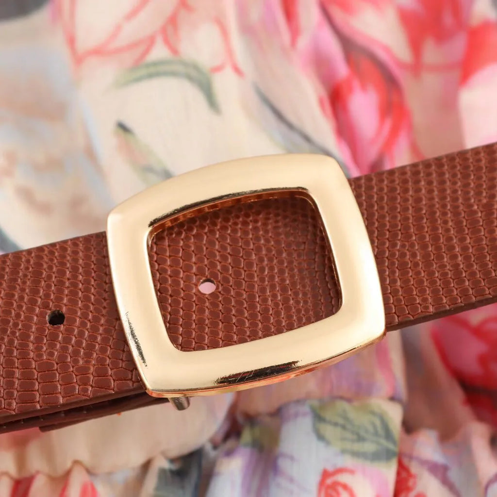 Floral Print Midi Dress With High Neck And Tie Front Belt