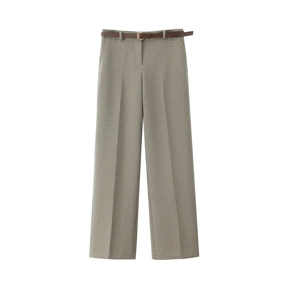 Women's Fashion Button-Up Check Waistcoat With High Waist Belted Straight Pants Two Piece Set