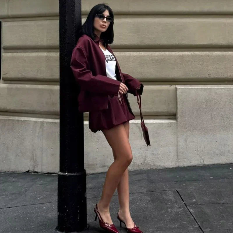 Women's Burgundy Skirt and Long Sleeve Jacket Set Elegant Mini Bow Lantern Sleeve Suit Autumn Outfit Stylish Two-Piece Matching Set