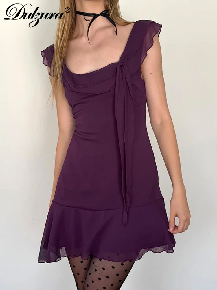 Sexy Tassels Patchwork Chiffon Mini Dress Sleeveless Zipper