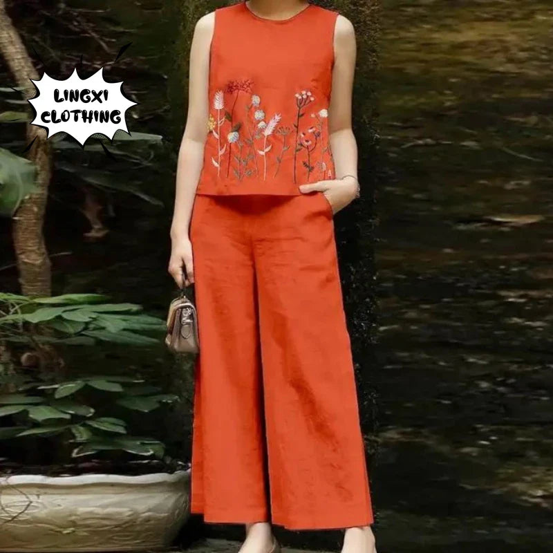 Women's Cotton and Hemp Two Piece Set Loose Elegant Sleeveless Commuter Outfit with Embroidery