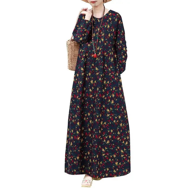 Boho Floral Print Maxi Dress With Long Sleeves Casual