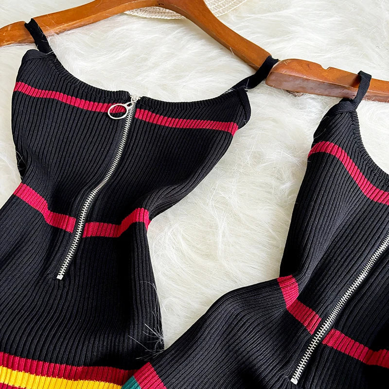 Black Zipper Knit Bodycon Dress Sleeveless Midi Party Dress