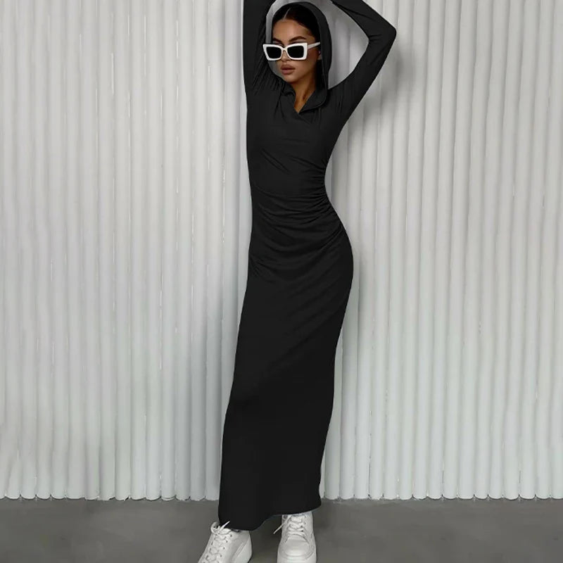 V Neck Solid Maxi Dress With Draped Silhouette Long Sleeve