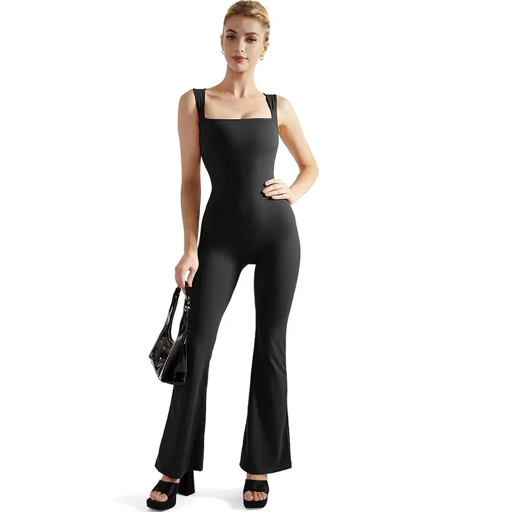 Women's Sleeveless Square Neck Bodysuit with Flared Pants Casual Fitness Jumpsuit Full Season Streetwear Playsuit