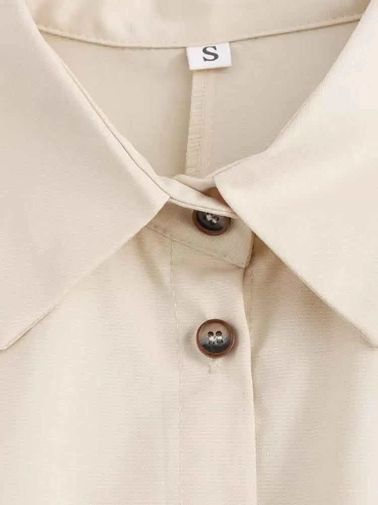 Versatile Women's Slim Fit Short Sleeve Lapel Shirt with Decorative Belt Strap and Curling Detail