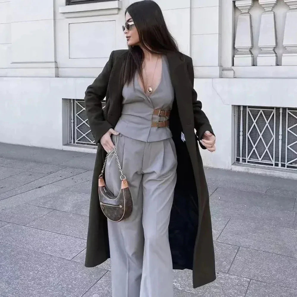 Women's Two-Piece Suit Set with Belt Halter V-Neck Top and High-Waisted Pleated Pants