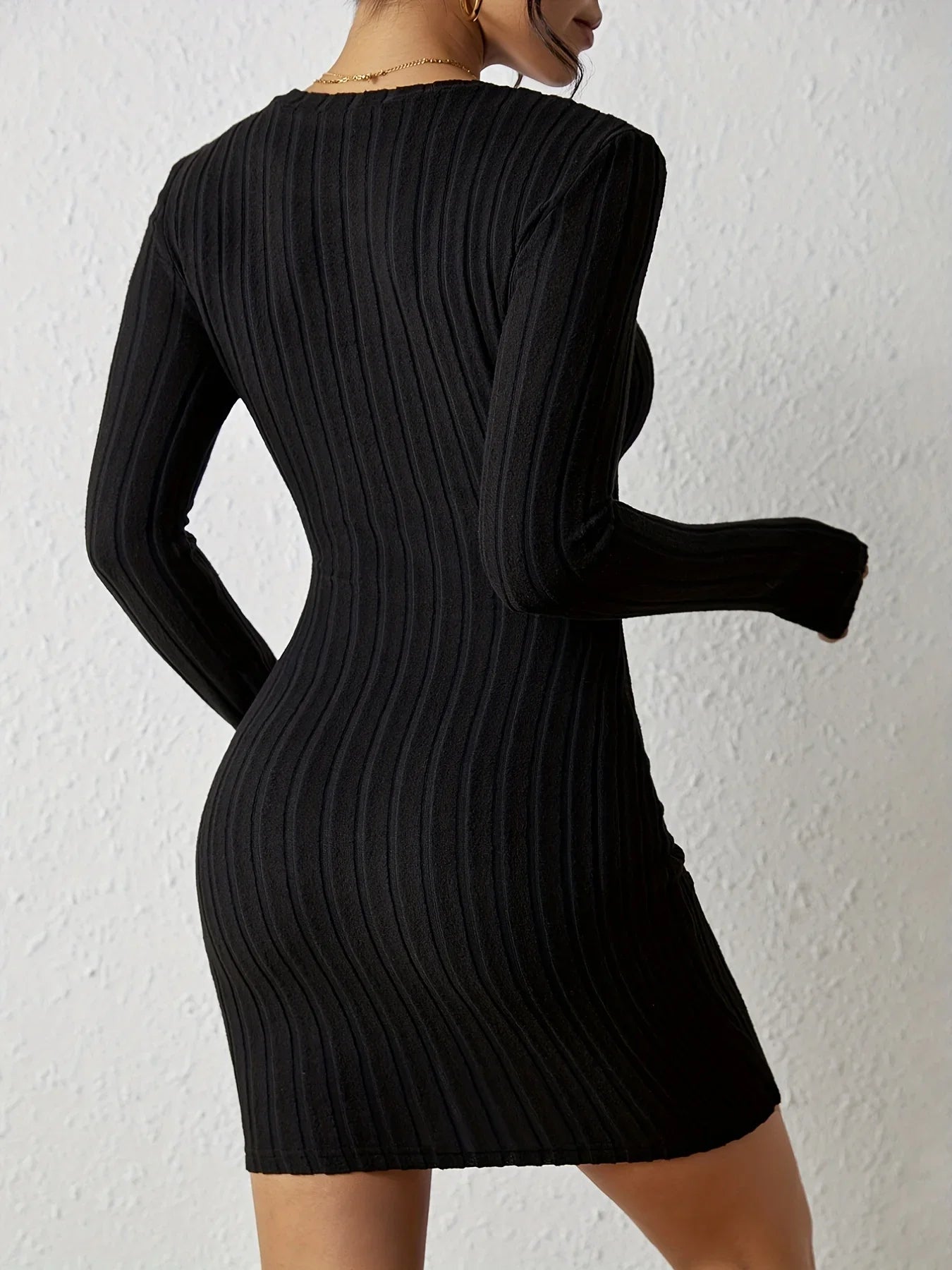 Solid Color Long Sleeve Knitted Dress With Shoulder Buckle