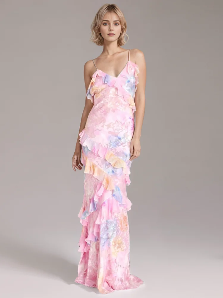 V Neck Sleeveless Backless Long Dress With Ruffles For Women