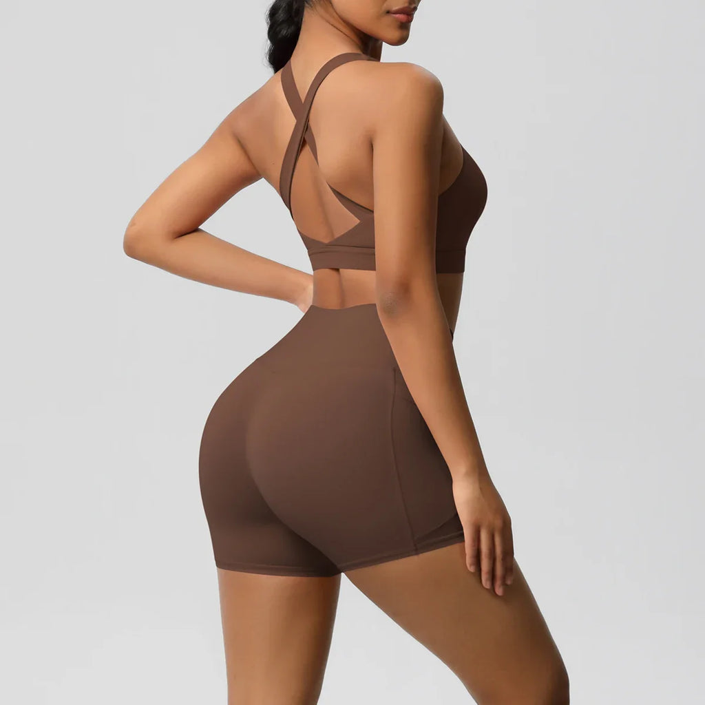 2PCS Pocketed Yoga Set for Women with Crossover Bra and Gym Leggings Workout Tracksuit Sports Shorts Activewear