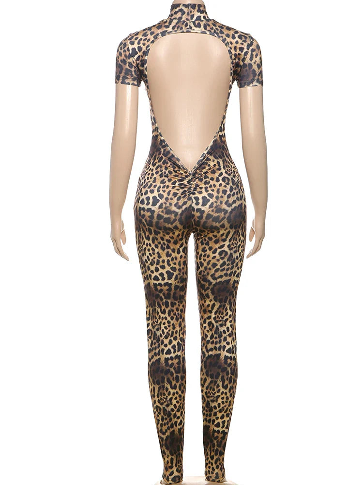 Backless Leopard Print Peach Buttocks Jumpsuit Women Short Sleeve Fitness Summer Streetwear Workout Overalls