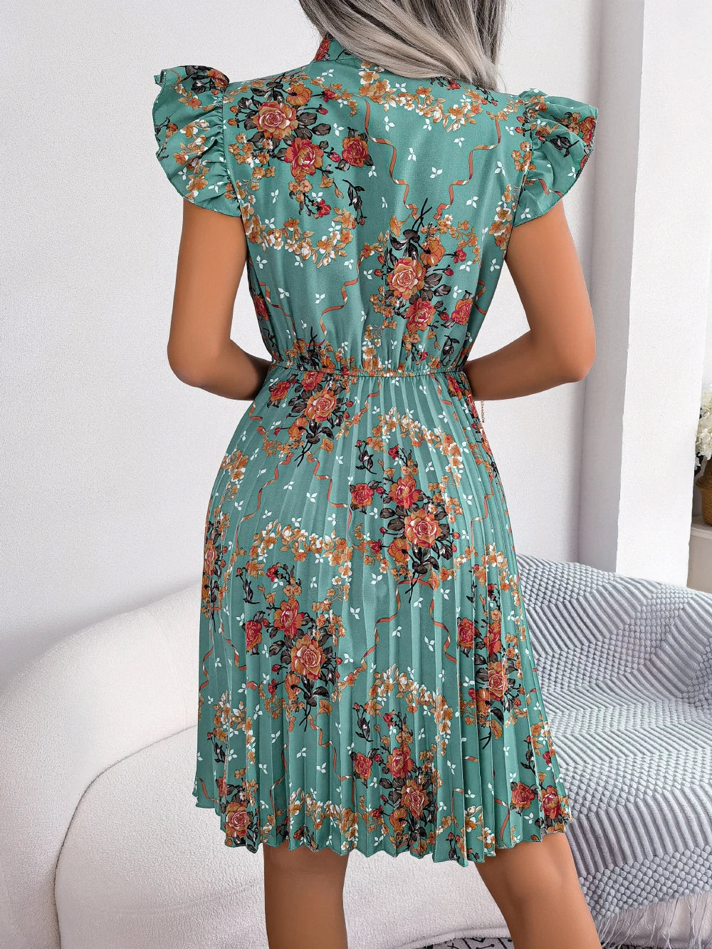Womens Floral Print Bow Dress With Slim Pleated Waist