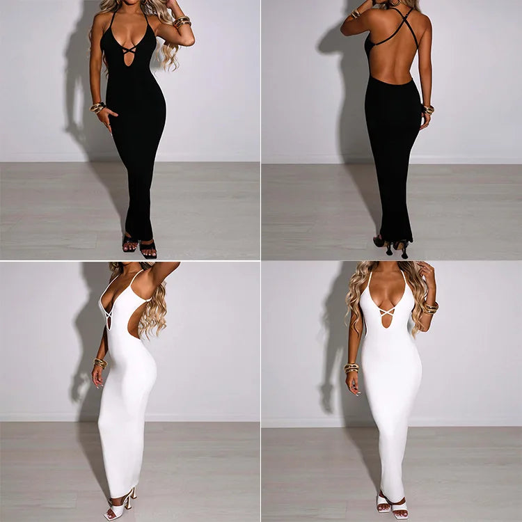 Summer Strappy Bodycon Dress For Women Solid Color
