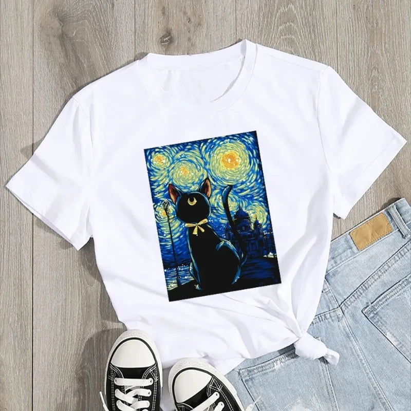 Aesthetic Van Gogh Starry Night Cat Print Women's Short Sleeve T-Shirt