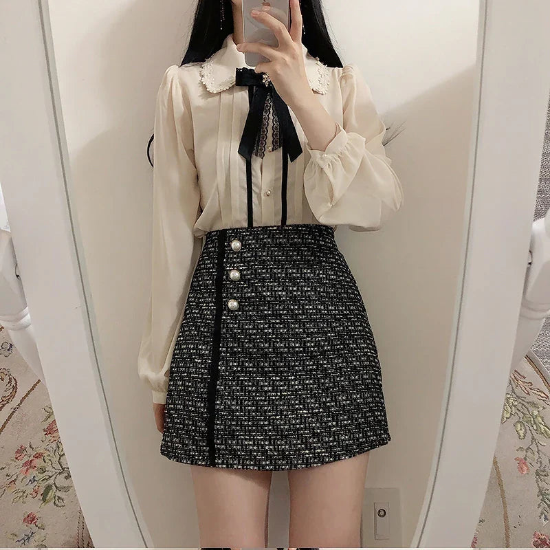 Elegant Vintage Button-Up Blouse for Women Cute Preppy Style Formal Work Shirt with Japanese Korean Inspired Design