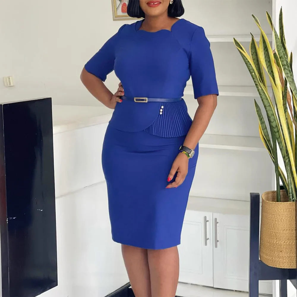 Women Square Neck Bodycon Midi Dress Belted For Work