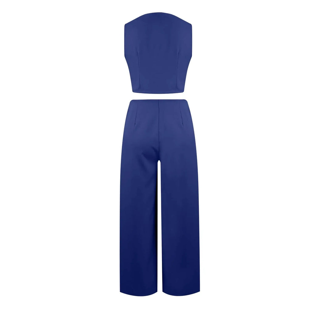Sleeveless V-Neck Vest and Wide Leg Pants Suit for Women
