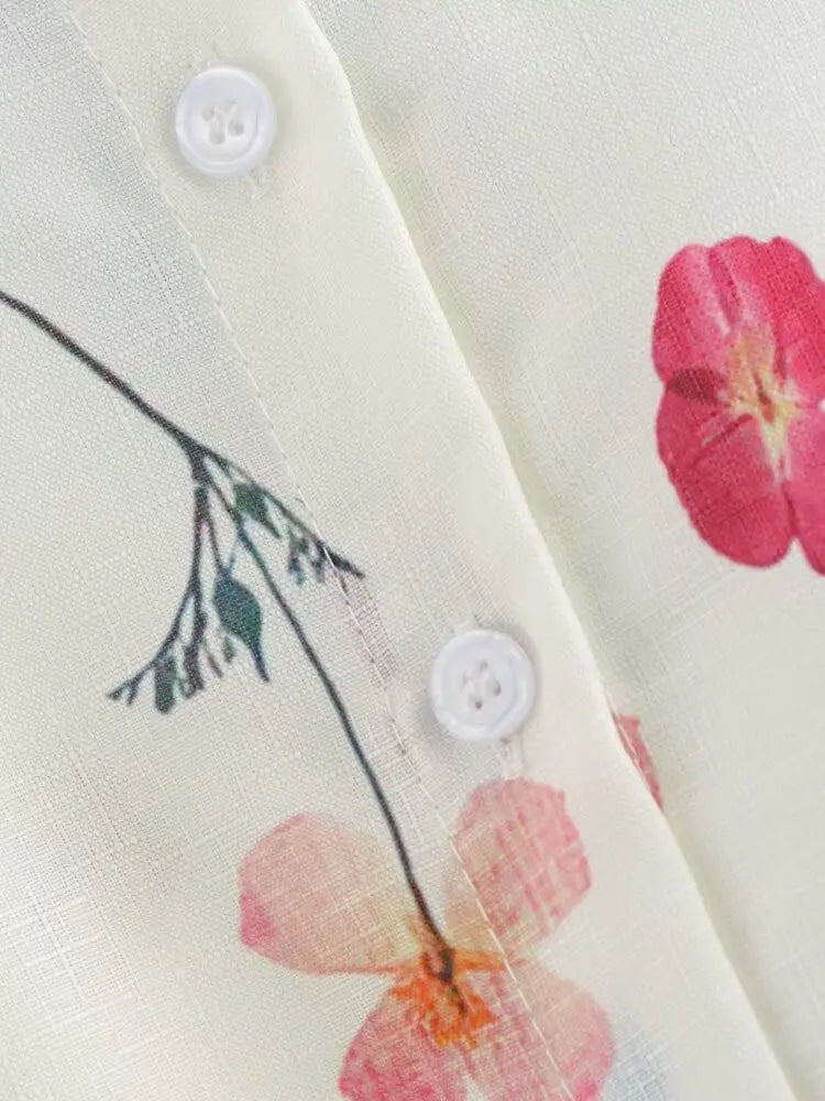 Women's Square Collar Lace-Up Slim Fit Top and Single Breasted A-Line Midi Skirt Two-Piece Set with Feminine Print