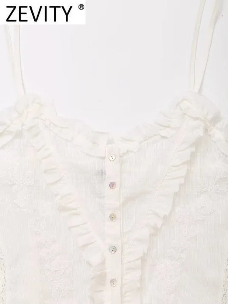 Women's Sexy Lace Floral Embroidery Short Blouse Chic Single Breasted Sling Vest Top