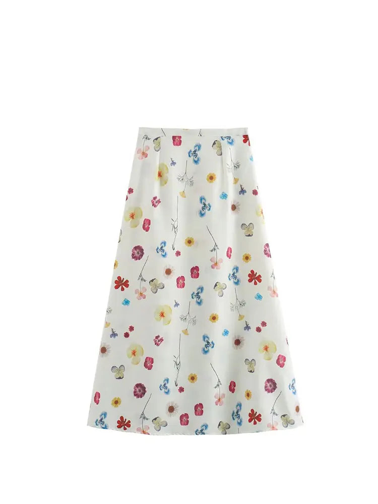 Women's Square Collar Lace-Up Slim Fit Top and Single Breasted A-Line Midi Skirt Two-Piece Set with Feminine Print