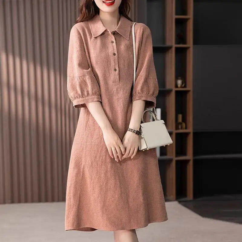 Women Cotton Shirt Dress Midi Three Quarter Sleeve Elegant