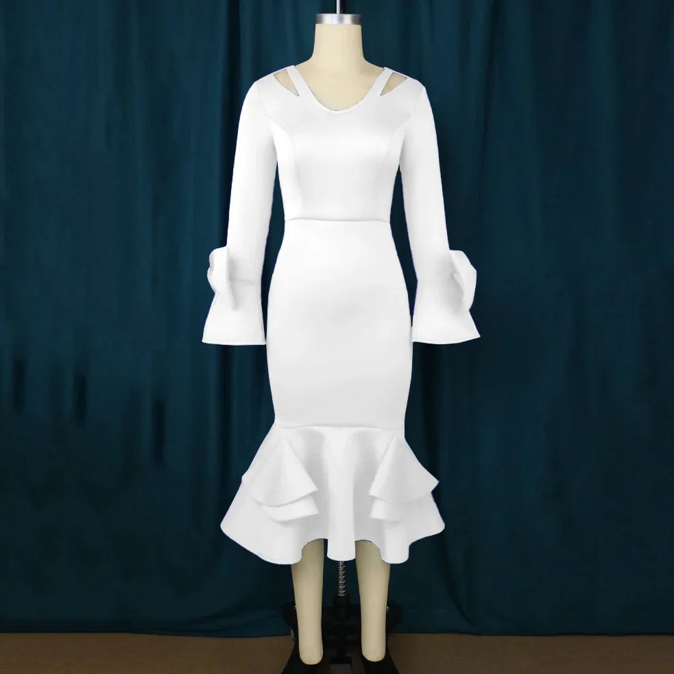 V Neck Sheath Mermaid Dress With Flare Sleeve White Blue