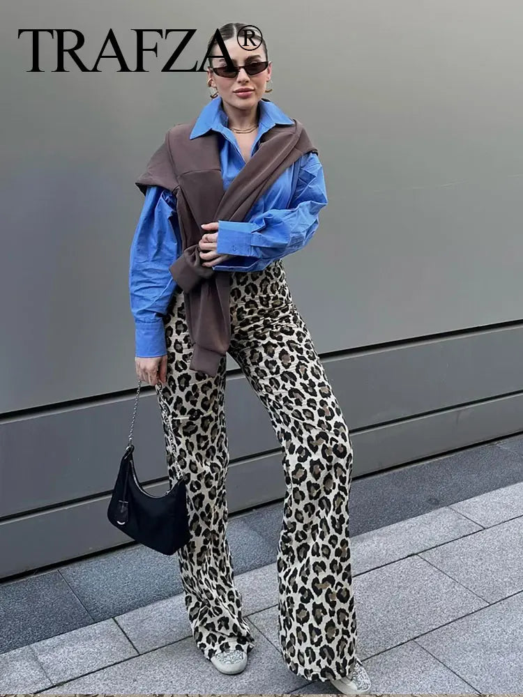 Leopard Print Wide Leg Pants for Women High Waist Slim Straight Long Trousers Fashionable Streetwear Bottoms