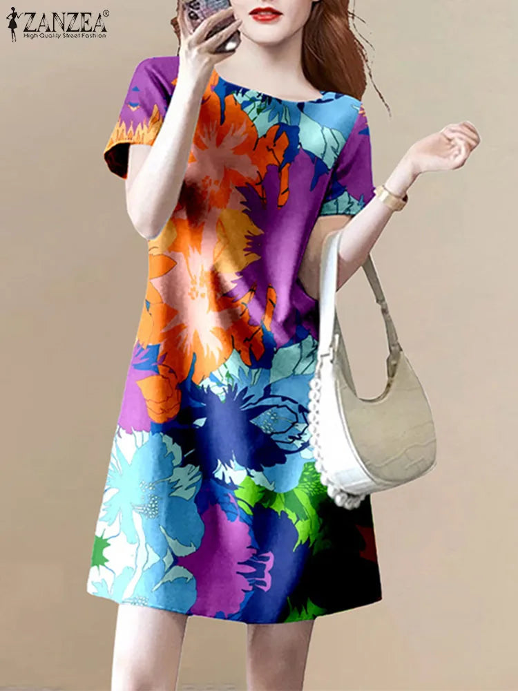 Floral Print Knee Length Summer Dress With Short Sleeve