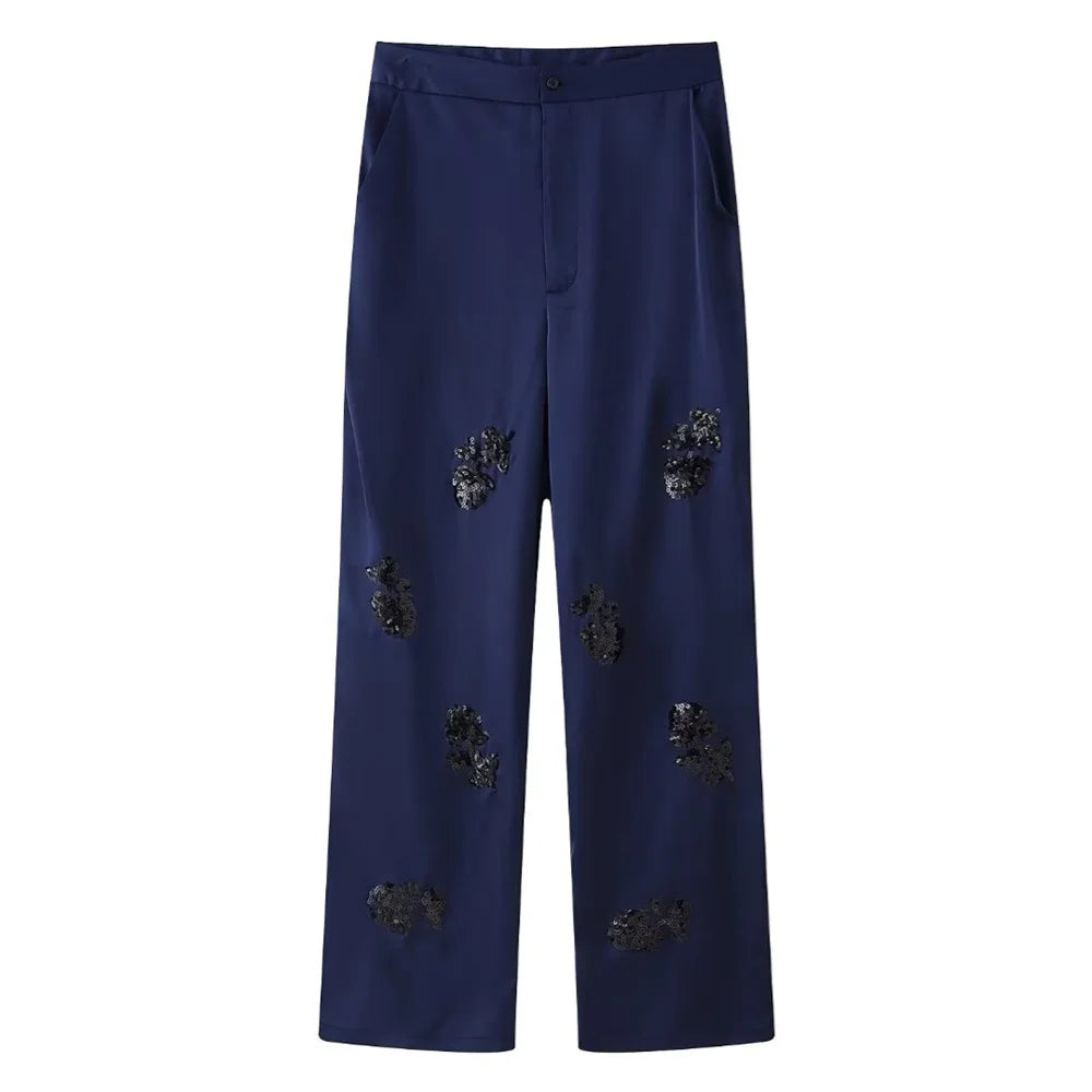 Women's Casual Polo Collar Long Sleeved Sequin Satin Kimono Coat and Bead Pants Set