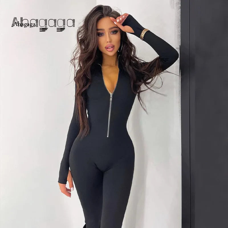 Sexy Slim Fit Long Sleeve Zipper Jumpsuit Women Casual Fitness Streetwear Skinny Overalls Y2K Style