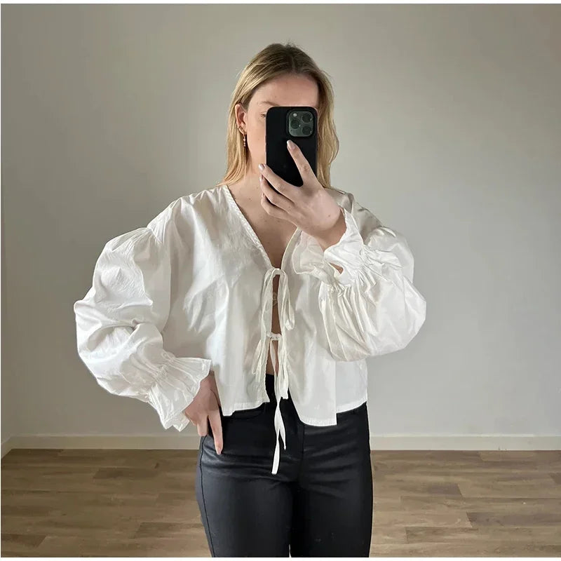 Elegant Solid Lace-Up V-Neck Blouse for Women with Lantern Sleeves and Hollow Out Detail Loose Fit Chic Female Shirt