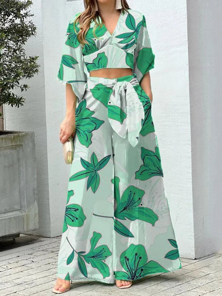 Casual Women's Two Piece Set Autumn V Neck Crop Top and High Waist Wide Leg Pants Outfit