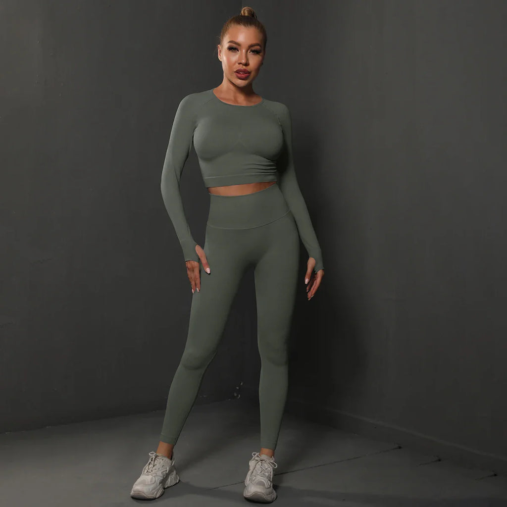 2Pcs Women Seamless Energy Gym Set Bubble Butt Sports Leggings and Long Sleeve Push Up Running Tracksuit Tights Activewear Set