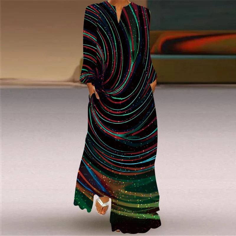 Printed V Neck Long Sleeve Dress With Large Pockets