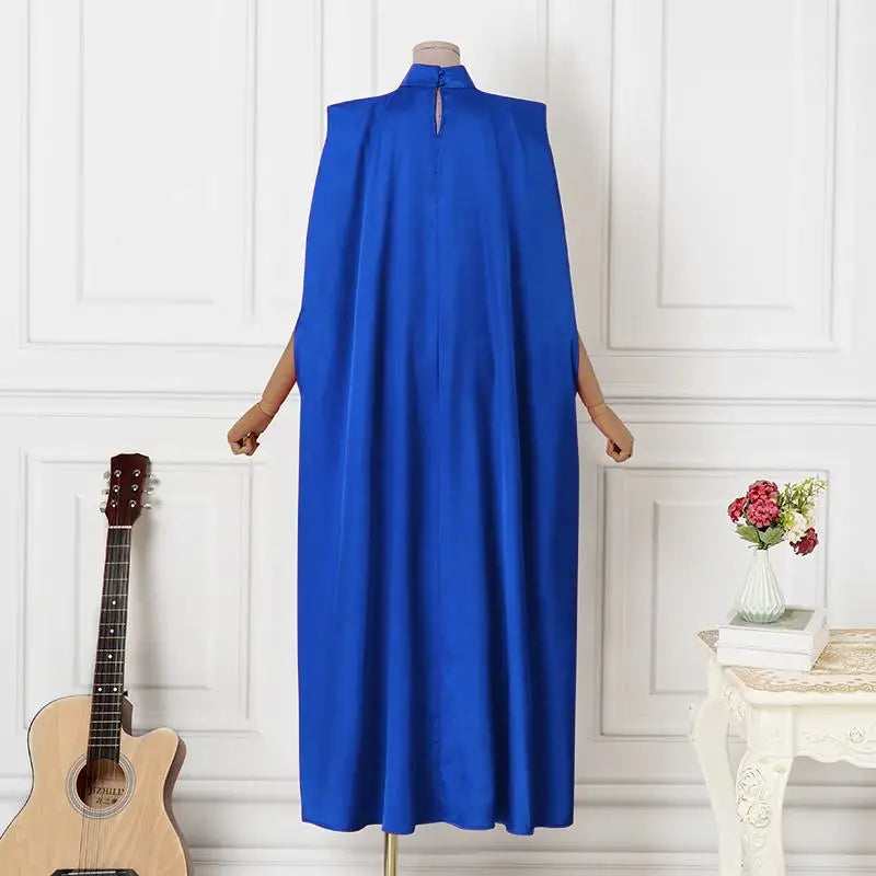 Satin Pleated Evening Dress With Stand Collar Long Sleeve